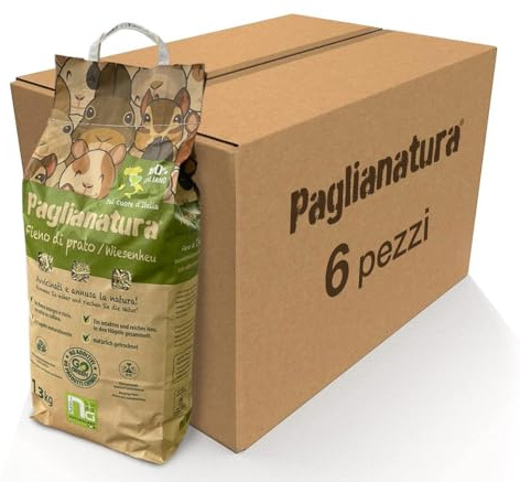 Paglianatura Kit 6 Sacchi Fieno 1300 g – Alimento Ricco di Fibre per Conigli, Cavie e Roditori, 100% Naturale, Favorisce Digestione e Denti Sani