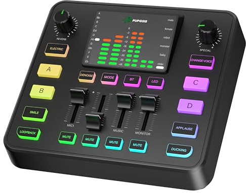 Pupgsis Gaming Audio Mixer, Audio Interface for pc,1/4 TRS Dynamic Mic interface,Sound Board With voice changer, Pro-Preamp, Noise Cancellation, RGB, Bluetooth For Streaming/Podcasting/Gaming