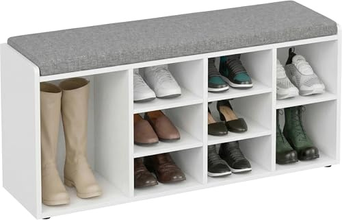 Blisswood Shoe Bench, Shoe Storage Bench with Padded Seat, Shoe Organiser with 9 Open Storage Compartments & Adjustable Shelves, Modern Style Unit with Cushion for Hallway Bedroom Living Room (White)