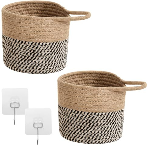 2 cesti sospesi, da parete, in corda di cotone, 15 x 16 cm, con 2 ganci, da parete, cesto da appendere, cestino intrecciato, per cucina, soggiorno, bagno (marrone/nero)