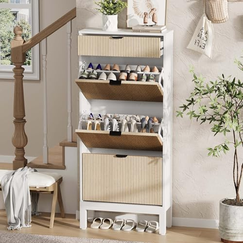 Garvee Zapatero Estrecho con 3 Solapas, 1 cajón pequeño, Zapatero con 3 estantes, Puertas acanaladas, Almacenamiento Oculto – Entrada – 61x24x141 cm, Color Contraste (Blanco + Roble)