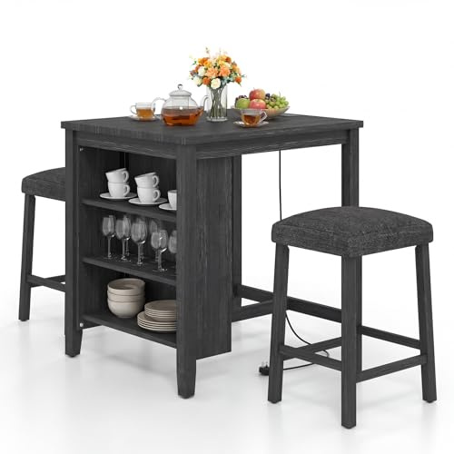COSTWAY 3 Piece Bar Table Set with Power Outlet, Dining Table and 2 Stools Set with Adjustable Shelves, Upholstered Seat & Footrest, Breakfast Counter Height Kitchen Table Furniture (Dark Grey)
