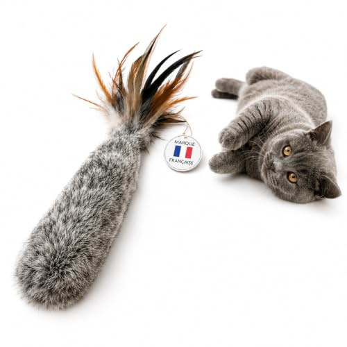 Chatterie DL - Jouet Chat Queue - Véritable Fourrure de Lapin Naturelle – Jouet Interactif – Testé en Chatterie - Fait Main - Bruit Attractif