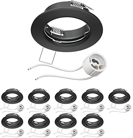 ledscom.de 10 piezas Marco para empotrar en el techo FERE marco para empotrar negro mate (LED/Halógeno/GU10/MR16/PAR16/50mm) incl. casquillo GU10