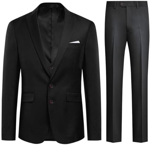 Allthemen Costume Homme 3 Pièces Mariage Slim Fit Formel Deux Boutons Blazer Veste Gilet et Pantalon Noir M