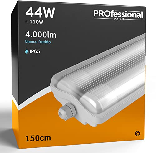 Eurocali 1x Plafoniera IP65 Impermeabile 44W Trasparente 4000 Lumen + 2 Tubi LED da 150cm - Luce Bianco Freddo 6400K - Fascio Luminoso 120° - Sostituzione Neon