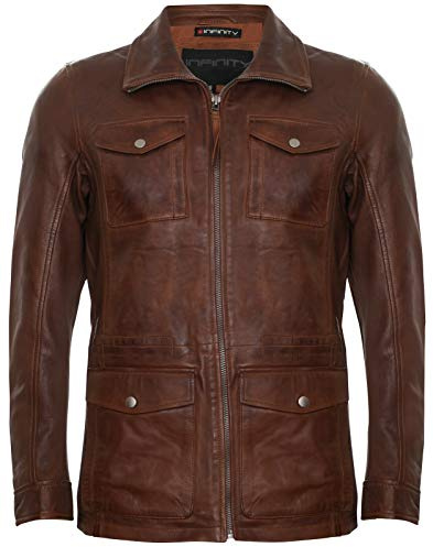 Infinity Leather Abrigo Casual Impermeable para Hombre de Cuero Marrón Claro con Múltiples Bolsillos 4XL