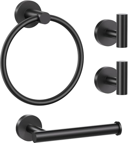 Lairuier Bathroom Hardware Set, 4-Piece Towel Bar Set Include Toilet Paper Holder,Towel Ring and 2 Towel Hooks Stainless Steel Wall Mounted Bathroom Hardware Accessories Set (Matte Black)
