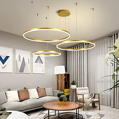 HYQJUNE Modern 3 Ringe Ring Pendelleuchte 90W LED Dimmbar Wohnzimmer Kronleuchter Schick Hängeleuchte Schlafzimmer Salon Esszimmer Leuchter Verstellbare Höhe Kombination Hängelampe,Gold