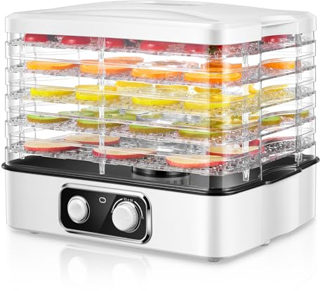 FOHERE Dörrautomat, Dörrautomaten(35-70°C) Temperatur Einstellbar, Dörrgerät für Lebensmittel Fleisch Früchte Gemüse mit 5 Einlegefächer, 360° Umwälztrocknung, für Fleisch,Obst,Haustier-Leckereiene