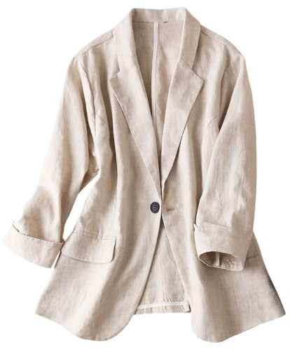 Linen Blazer Women Linen Jackets 3/4 Sleeve Spring Summer Blazers Lightweight Blazer Business Casual Blazers Jackets (Beige Blazer, M)