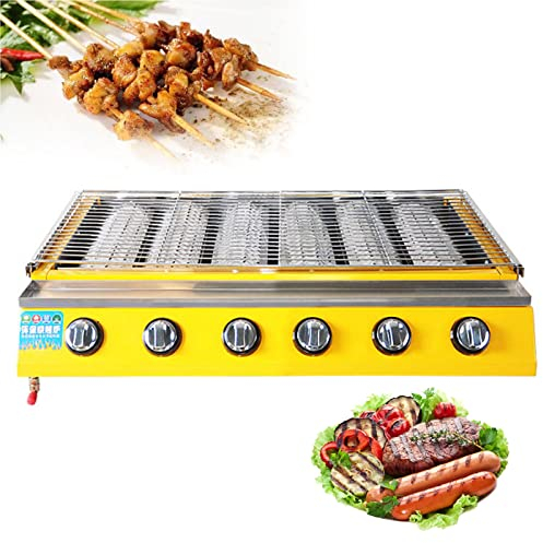 Barbecue a Gas Professionale con 6 Fuochi Multifunzione, Struttura in Acciaio Inox, Griglia da Tavolo Portatile, Piastra di Cottura Grill da 71x20 cm, per Campeggio, Balcone e Giardino,Giallo
