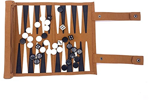 Travel Backgammon Set - Genuine Leather Backgammon Sets - Roll-Up Travel Backgammon Game -Tactical Board Game Ideas (Brown)