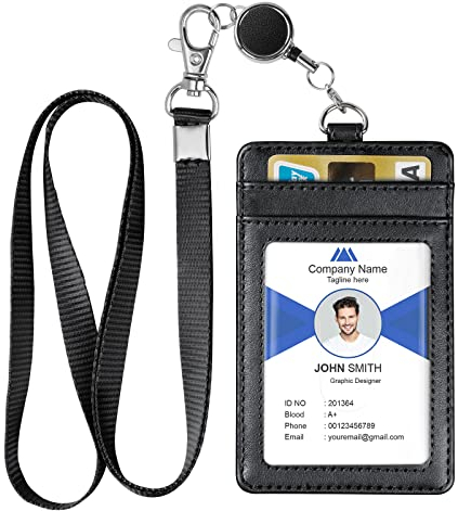 OFFCUP Ausweishülle, PU Leder ID Card Holder, Kartenhülle mit Schlüsselband Ausziehbar Ausweishülle, mit 1 Transparente ID Fenster und 2 Kartenfächern(Schwarz)