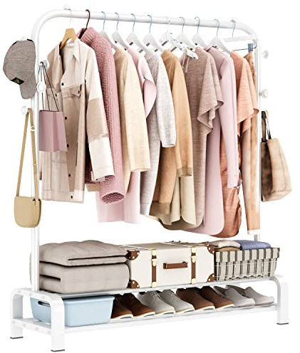 SMILOVII Kleiderständer, Garderobenständer Stabil Kleiderstange mit 6 Haken und 2 Schuhregal Ablage Regal, Schlafzimmer Kleiderständer Freistehender Kleiderbügel, Weiß