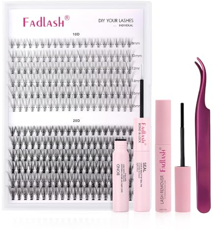 FADLASH Kit Extension Cils Bouquet 10D 20D, 280pcs Faux Cils Individuel 8-16mm C Curl, Bond and Seal, Remover Gel, Pince à Lashes, Cluster Lashes Kit DIY Maison et en Salon