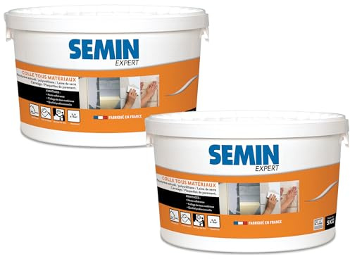 SEMIN Colle Tout Matériaux– 2 X 5 kg – Haute Adhérence Sans Solvant – Prête à l'Emploi – Intérieur/Extérieur – Polystyrène, Liège, Laine de Verre, Carrelage et Plaquettes de Parement