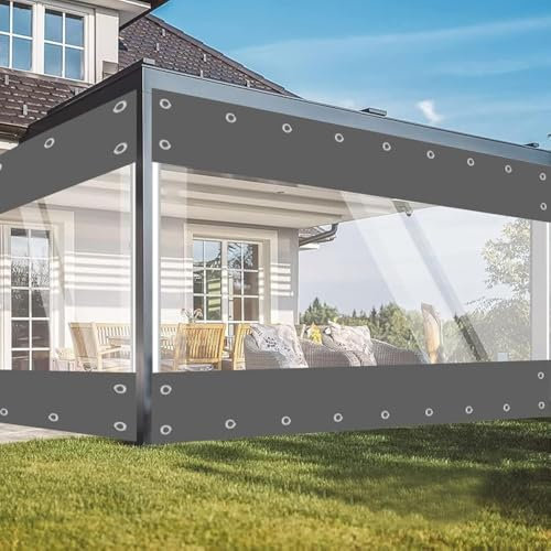 jianyana Abdeckplane Wasserdicht, 650G/M² PVC Gewebeplane Outdoor Vorhang Wetterfest Transparente Plane Mit öSen FüR AußEnbereich Plane Durchsichtig Balkon Regenschutz Wintergarten(Grau 2.4 * 3m)