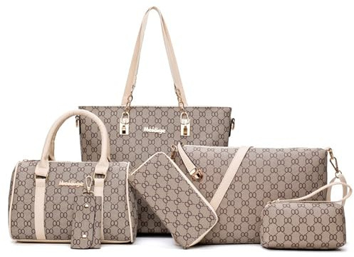 JZ Retro Luxery kvinnor damer 6 st handväska set stor kapacitet handtagsväska, handväska, crossbody-väska, tygväska axelväska för kvinnor, plånbok handväska handledsväska nyckelfodral - Beige