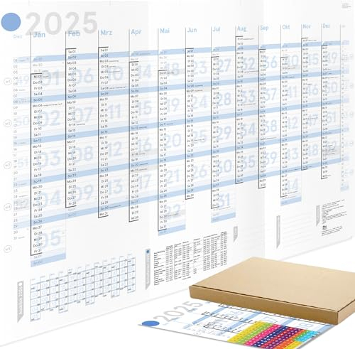 weekview XL Wandkalender Blau 2025 Wandkplaner mit Wochenstruktur (A1) GEFALZT. Querformat, gefaltet - 14-Monats-Wandplaner, Jahreskalender, Plakatkalender