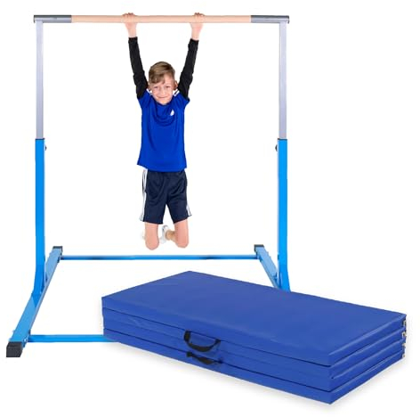 Müller & Blum Barre de Gymnastique Premium pour Enfants, Appareil de Gymnastique réglable en Hauteur pour intérieur & extérieur, capacité de Charge 200 kg, optionnel avec Tapis (Barre Bleu + Tapis)