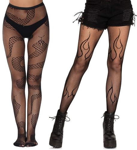Benaewa 2 Pairs Patterned Tights, Snake Fishnet Tights, Flame Gothic Tights for Women