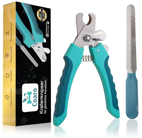 COARO Krallenschere für Hunde und Katzen mit hochwertigem Stopper als Verletzungsschutz - inklusive stabiler Fixierung - Krallenschneider mit professioneller Feile - aus robustem Edelstahl (S)
