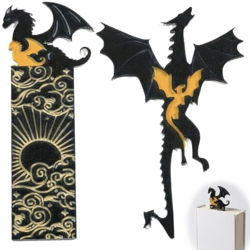 BRIOTA Fourth Wing Merch – bokmärke med svart drake gyllene fourth Wing med sol och moln, akryl, bokmärke för bokälskare