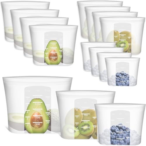 Bolsa de almacenamiento reutilizable, paquete de 12 bolsas de almacenamiento de alimentos 100% silicona con cierre de cremallera para contenedor de alimentos, congelador, microondas, horno