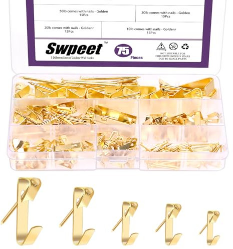 Swpeet Lot de 75 cintres dorés de 5 tailles 4,5 kg/9,1 kg/13,6 kg/22,7 kg/45,4 kg avec kit d'assortiment de clous, crochets de suspension en métal, crochets robustes pour cadres photo, matériel de