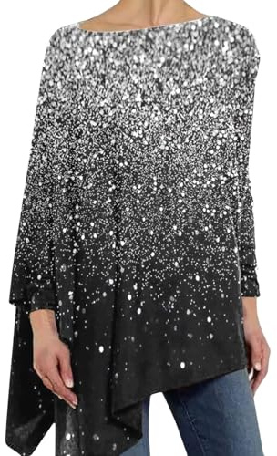 MJGkhiy Blusa Donna Elegante con Paillettes Curvy Manica Lunga Maglietta Strass Natale Camicia Argento Girocollo Tops Taglie Forti Glitter Oro T Shirt Sera Brillantini Magliette Capodanno Maglia