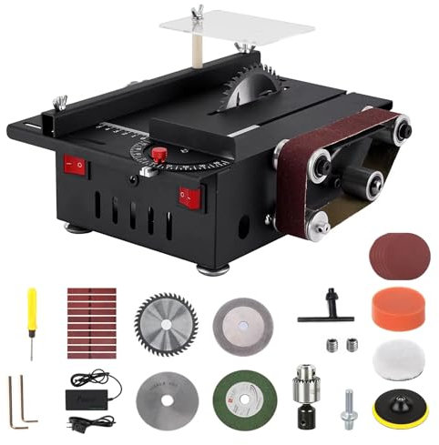 Mini Sierra de Mesa, Sierra de Mesa Compacta con Lijadora de Banda, 200W Multifuncional Portátil para DIY, Sierra de Mesa Miniatura con 4 Cuchillas, Profundidad de Corte 0,1-30mm para Trabajos