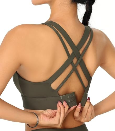 Reggiseno sportivo ad alto impatto, regolabile, incrociato sulla schiena, comodo supporto reggiseno, reggiseni sportivi da donna taglie forti, Verde militare, M