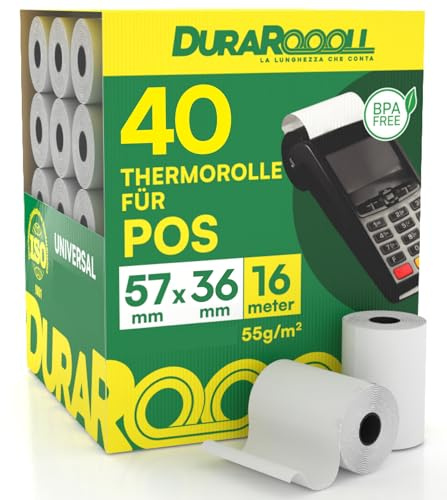 40 Rollos Papel Termico TPV Datafono DuraRoooll - Rollos Térmicos POS 57mmx36mmx16m Compatibles con Nexi SumUp Pax Axerve Ingenico para Tiques Recibos Tarjetas de Débito y Crédito