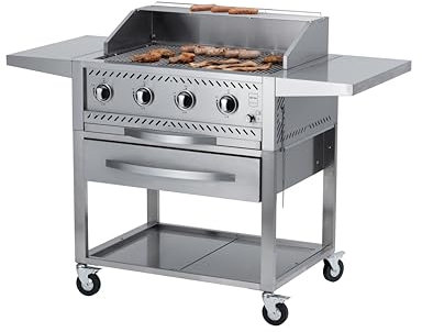 METRO Professional Barbacoa de Gas con 4 Quemadores y Plancha, Acero Inoxidable, 16 kW, Encendido Eléctrico, 2 Mesas Laterales, Estante Inferior, Funda de Poliéster 600D, Plata