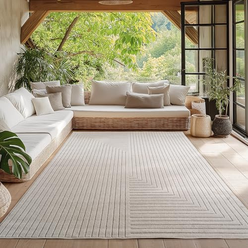 HomebyHome Kurzflor Boho Teppich 140x200 cm Creme Wohnzimmer, Schlafzimmer, Küche, 3D Skandinavisch Boho Motiv, Outdoor Terrassen oder im Balkon