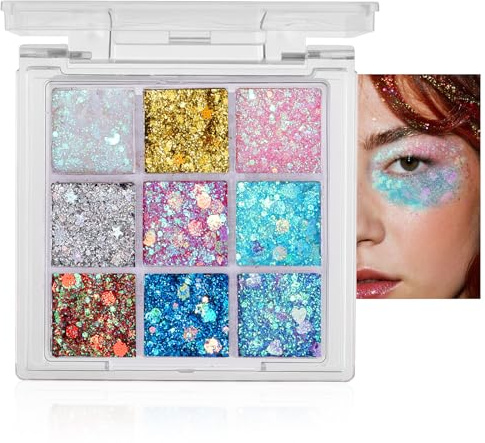 Prreal 9 Couleurs Gel de Paillettes pour Visage, Corps, Cheveux, Yeux - Paillettes pour Festival, Paillettes Holographiques de Sirène, Accessoires de Fête pour Femmes, Halloween, Carnaval, 02