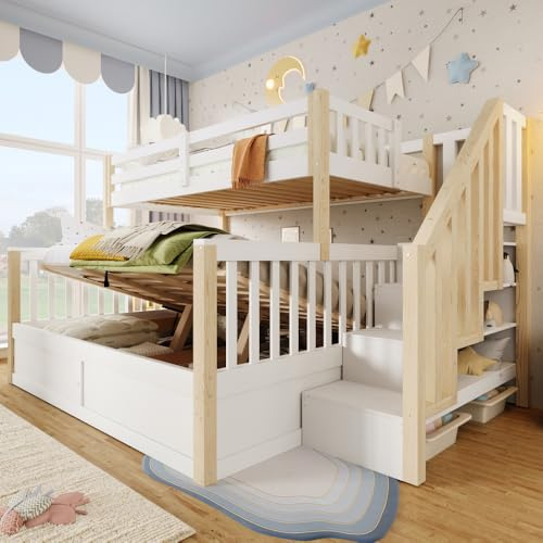 Letto a castello per bambini 90x200cm + 140x200cm,Letto inferiore con spazio di stoccaggio idraulico,Letto a castello in legno massello con scaletta contenitore, Bianco + naturale(Senza materasso)