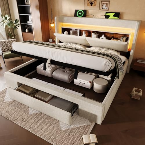LAKFEW Camas Matrimoniales Cama Doble 180x200 cm con Cabecero de Almacenamiento y LED, Cama Matrimonio Cama Tapizada con USB y Almacenaje Hidráulico, Lino, Beige, Sin Colchón