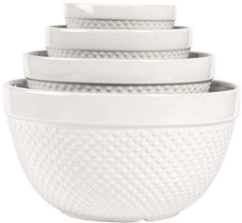 TTU Tabletops Gallery Hobnail Style 4 Piece Classic White Stoneware Nesting Mixing Bowl Set for Baking and Cooking