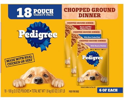 Pedigree Chopped Ground Dinner Wet Dog Food Pouches Variety Pack, 3.5 oz Pouches, 30 Count