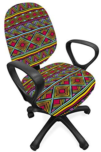 Ambesonne African Office Chair Slipcover, Colorful Diamond Motifs with Angled Lines Lively Palette Geometric Borders, Protective Stretch Decorative Fabric Cover, Multicolor