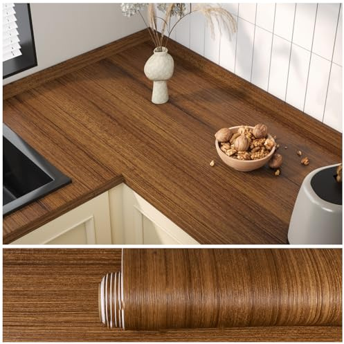 VEELIKE 15.7''x118'' Thick Brown Wood Contact Paper Wood Wallpaper Peel and Stick Textured Wood Grain Contact Paper for Countertops Cabinets Table Top Self Adhesive Wood Vinyl Wallpaper for Furniture