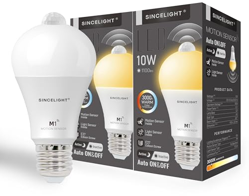 SINCELIGHT Bewegungssensor PIR LED Glühbirne mit E27 Sockel, Automatisches EIN/AUS durch Bewegungsmelder, mit PIR-Sensor und Tageslichtsensor, Sicherheitslichter, 60 Sekunden Dauer, 10W≈100W, 2 Stück