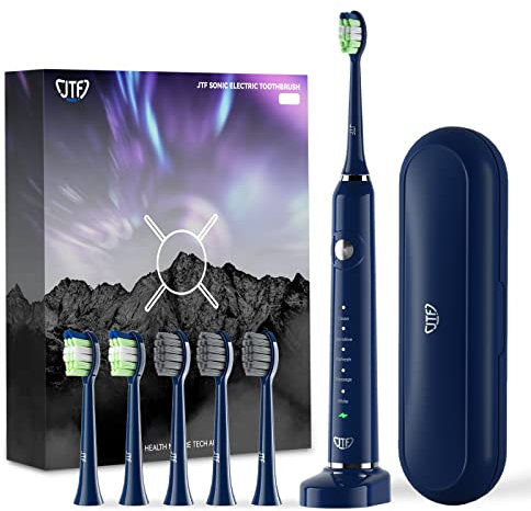 JTF Sonic Electric Toothbrushes for Adults,Sonic Toothbrush with 5 Modes and 2 Mins Smart Timer, Power Toothbrushes with 6 Heads and Travel Case,One Charge for 60 Days Use,Navy Blue
