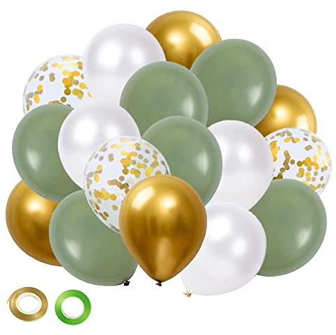 Grüne Luftballons Salbei Grün Gold Weiß Luftballons Hochzeit Set, 50 Stück 30cm Retro Grün Gold Latex Luftballons Helium Luftballons für Geburtstag Hochzeit Babyparty Safari Jubiläum Party Deko