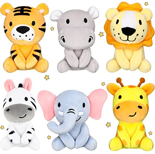 Aoriher 6 Pcs Mini Safari Stuffed Animals, 4 Inch Jungle Plush Toys Including Lion, Giraffe, Elephant, Tiger, Hippo for Baby Shower, Birthday Gifts, Party Decorations and Student Rewards