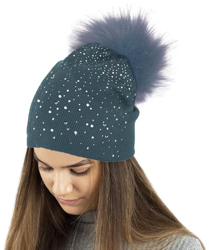 TOSKATOK®Gorro de Punto Damas de Invierno con Apliques Glitter de Diamante y Pompones Grandes de Piel sintética