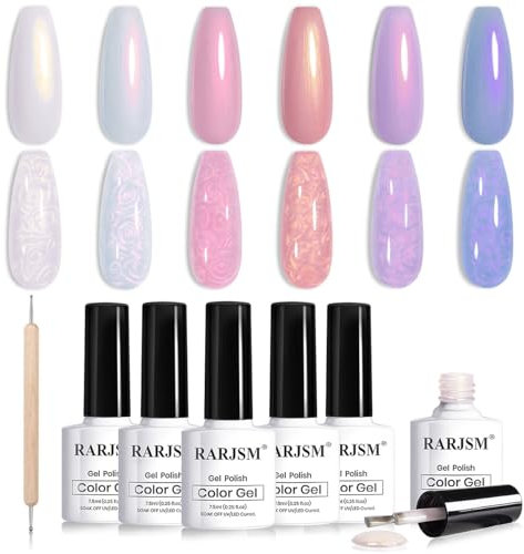 RARJSM Pearl Gel Nail Polish Set 6 Sunset Colors Iridescent Shell Glitter Gel Polish Light Purple Blue Pink Red Gold Shimmer Mermaid Swirl Thread Effect Soak Off LED UV Curing Requires Home Salon