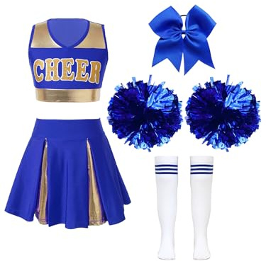 ranrann Costume da Cheerleading Bambina Tuta Vestito da Ballo Ragazza Uniforme da Cheer-Leader Set 4 Pezzi Top Corto Stampa Cheer Gonna Plissettata Fiocco Calzini per Scuola A Blu 15-16 anni
